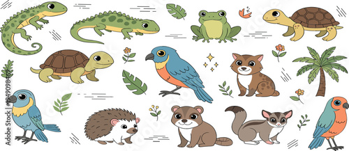 Cute rainforest animals and tropical wildlife vector set featuring parrots, turtles, frogs, lizard, hedgehog and small jungle creatures illustration