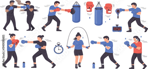Boxing training and fitness workout vector set featuring boxers practicing punches, punching bag exercises, jump rope cardio and gym equipment illustration