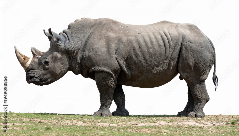 Naklejka premium Black rhinoceros standing in grassy field profile view