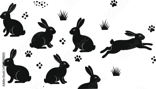 Rabbit silhouette vector collection with cute bunny poses, jumping and sitting hares with paw prints and grass decorative animal illustration set