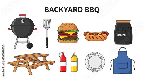 Illustration of backyard BBQ items including a grill food and picnic table
