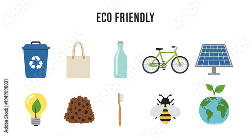 Illustration of ten ecofriendly items including a recycling bin tote bag bottle bicycle solar panel lightbulb compost toothbrush bee and Earth