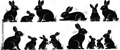 Rabbit silhouette vector set featuring cute bunny poses with baby rabbits sitting, running and resting black animal shadow illustration collection