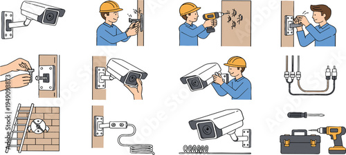 Security camera installation vector set with technician mounting CCTV system, wiring cables, drilling wall and surveillance equipment illustration collection