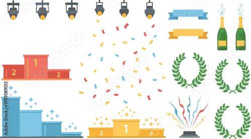 Award ceremony and competition winner elements vector set with podium stages, spotlights, confetti, champagne bottles and victory laurel wreaths