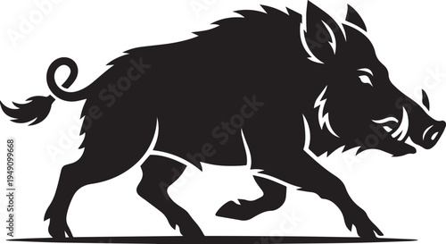 Running wild boar silhouette, aggressive animal vector art, animal head, animal body
