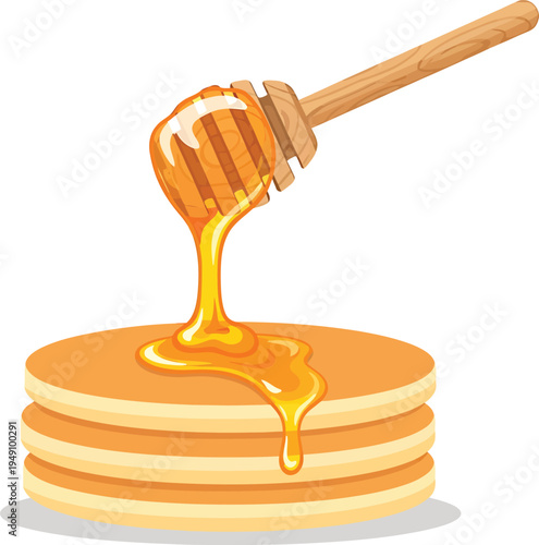 A closeup of organic golden honey dripping from a wooden dipper and spoon isolated on white, a natural and delicious sweet liquid ingredient perfect for a healthy dessert