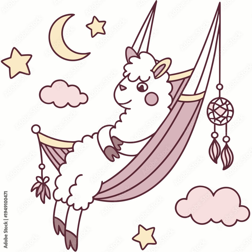Fototapeta premium Dreamland colored Alpaca with a Surprised touch, placed in a Fantasy dream theme and styled with in a hammock