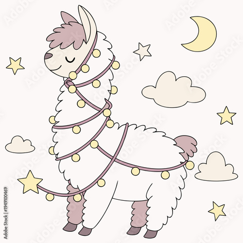 Charming SVG of a Bashful Alpaca featuring wrapped in fairy lights, styled in a Fantasy dream theme with Dreamland hues