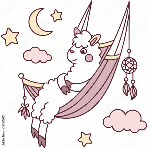 Dreamland colored Alpaca with a Surprised touch, placed in a Fantasy dream theme and styled with in a hammock