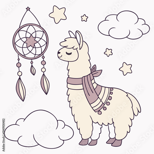 Cute Content Alpaca, accessorized with with a scarf, in a Fantasy dream world – Dreamland palette vector
