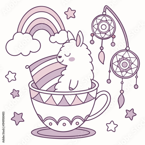 Creative SVG: Sleepy Alpaca with in a teacup in a Dreamland colored Fantasy dream theme