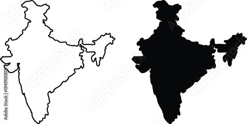 India map silhouette vector. black outline and filled shape country border geography