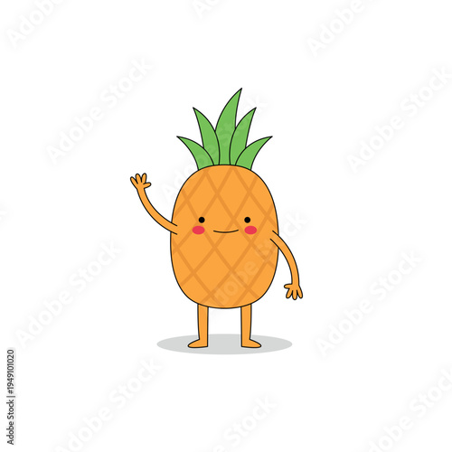 Cute pineapple fruit cartoon character waving hand hi doodle