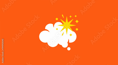 Explosion cloud with starburst on an orange background.