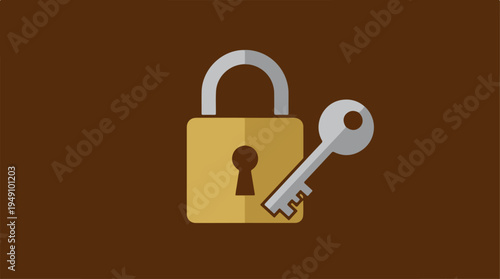 Golden padlock and silver key on a brown background representing security and access.