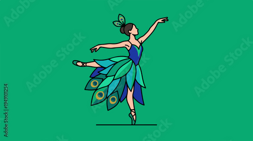 Graceful ballerina in a peacock-inspired costume performing a delicate dance pose against a vibrant green background.