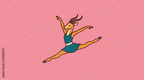 Graceful gazelle dancer performing a dynamic leap on a vibrant pink background.