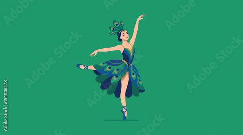 Graceful Ballerina in Peacock Feather Costume Dancing with Elegance.