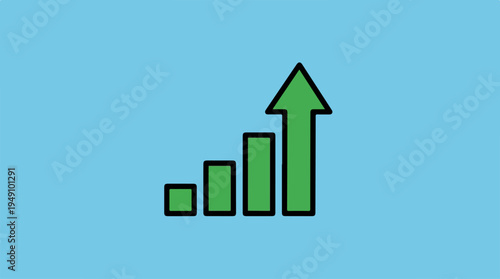 Green Bar Chart with Upward Arrow on Blue Background.