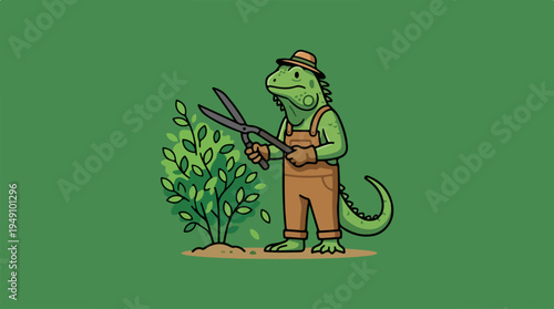 Green Lizard Gardener Pruning Bush with Shears.