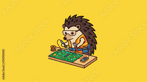 Hedgehog engineer working on a circuit board with soldering iron.