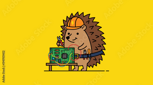 Hedgehog engineer working on a circuit board.