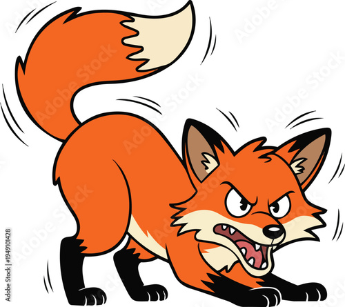 Angry cartoon fox mascot in defensive crouch with thick black outlines