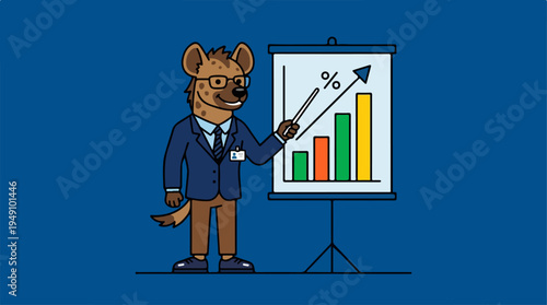 Hyena businessman presenting financial growth chart.