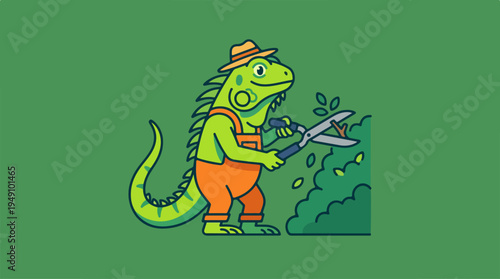 Iguana gardener character trimming a bush with large shears.