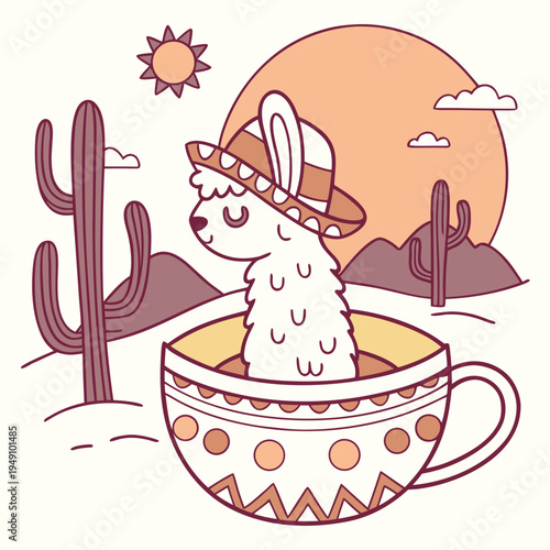 SVG art: A Dreamy Alpaca in a Desert sunset vibe with in a teacup, tinted with Sundown Glow tones