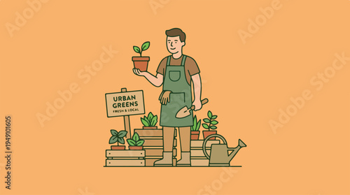Man holding a plant pot in an urban garden setting.