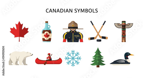 Ten flatdesign icons illustrating various Canadian symbols on a white background