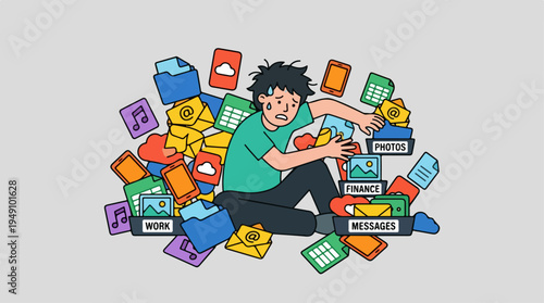 Man overwhelmed by digital clutter and disorganized files.