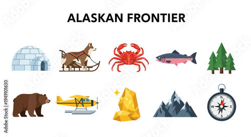 Icons representing Alaskan frontier themes including wildlife environment and activities