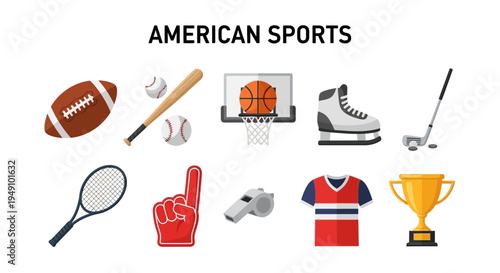 Collection of American sports equipment and apparel icons on white