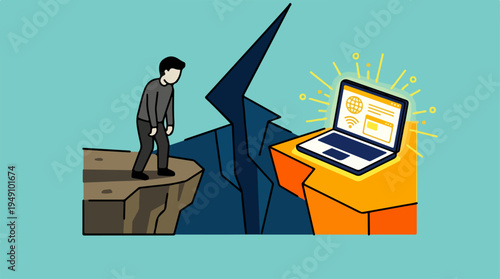 Man separated from laptop by a chasm, symbolizing digital divide.