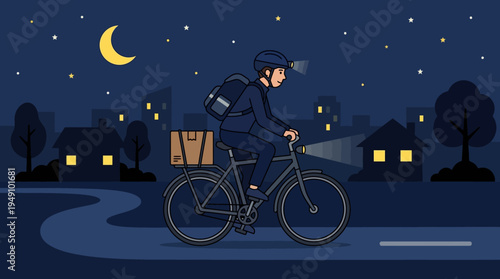 A delivery person rides a bicycle at night through a residential area under a crescent moon.