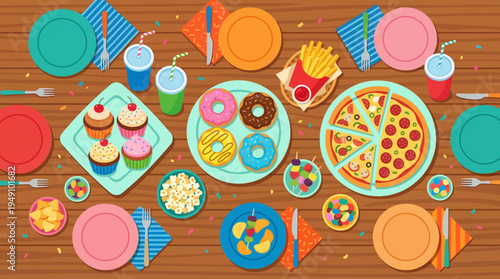 A vibrant spread of food and dishes on a table at a party with pizza, donuts, and snacks.