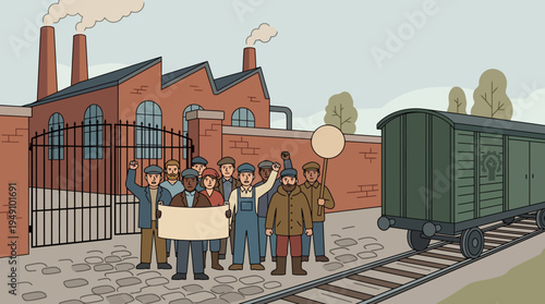 Protesters marching near train with picket signs outside industrial factory building