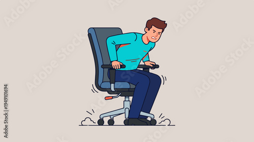 Man struggling to get up from an office chair due to back pain.