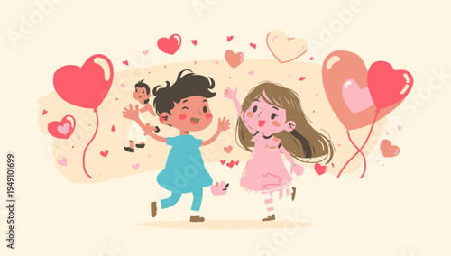 Two happy children playing with balloons.