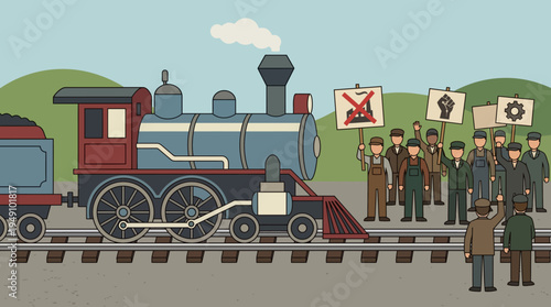 Vintage steam train with protesters on tracks.