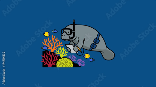 Manatee Snorkeling Underwater with Coral Reef and Fish.