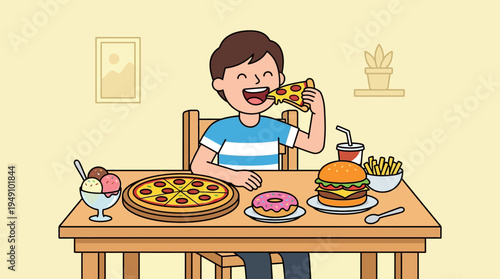 Boy eating pizza and other fast food.