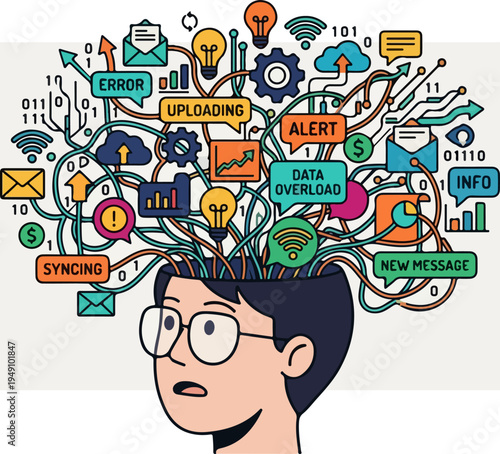 Mans head overflowing with digital information and communication icons.