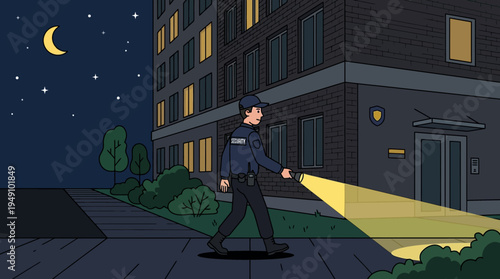 Police officer walking at night with flashlight.