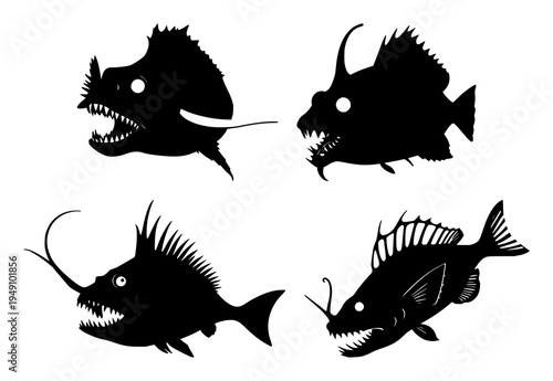 Anglerfish set with solid black silhouette featuring glowing lure, jagged teeth, deep sea with high contrast and white background