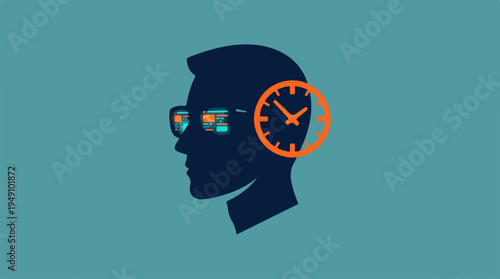 Mans Profile with Clock and Glasses Representing Time Management and Focus.
