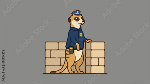Meerkat police officer standing guard behind a brick wall.